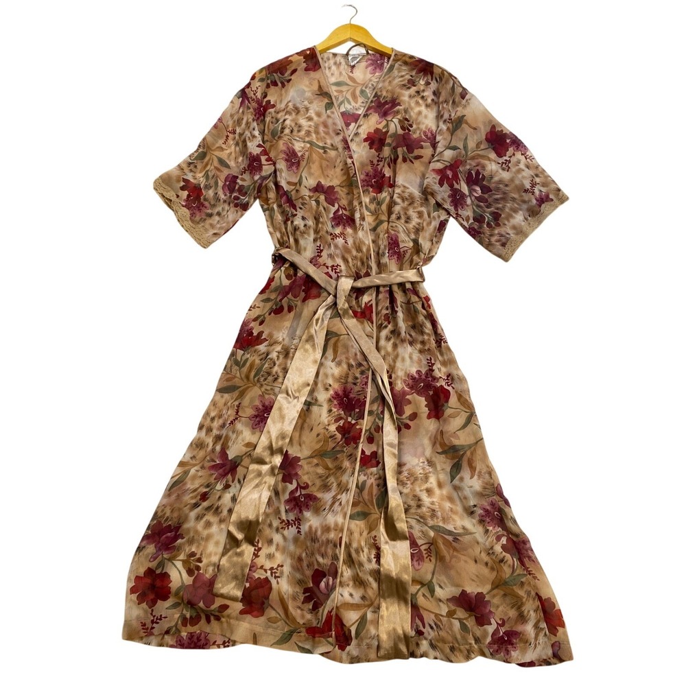 Secret‎ Treasures XL Sheer Floral Long Robe Gold Belted Lingerie Kimono Luxe